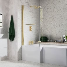 Signature Brushed Brass L-Shaped Hinged Bath Screen with Rail 1500mm High x 815mm Wide - 6mm Glass