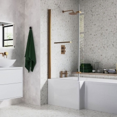 Signature Brushed Bronze L-Shaped Hinged Bath Screen with Rail 1500mm High x 815mm Wide - 6mm Glass