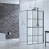 Verona Aquaglass Velar Black Crittall Walk-in Shower Panel 1200mm Wide with Towel Rail - 8mm Glass