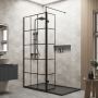Delphi Accents Grid Matt Black 8mm Wet Room Shower Screen & Hinged Return (inc Slate Grey Tray)