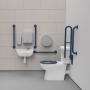 Nymas NymaCARE Premium Rimless RH Close Coupled Doc M Toilet Pack with TMV3 Valve - Dark Blue Grab Rails
