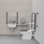 Nymas NymaCARE Premium Rimless RH Close Coupled Doc M Toilet Pack with TMV3 Valve - Grey Grab Rails
