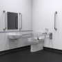 Nymas NymaCARE Premium Rimless RH Back to Wall Doc M Toilet Pack with TMV3 Valve - Satin Grab Rails