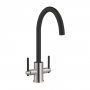 Prima Coloured Swan Neck Dual Lever Kitchen Sink Mixer Tap - Black/Brushed Steel