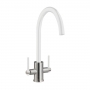 Prima Coloured Swan Neck Dual Lever Kitchen Sink Mixer Tap - White/Brushed Steel