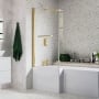 Signature Brushed Brass L-Shaped Hinged Bath Screen with Rail 1500mm High x 815mm Wide - 6mm Glass